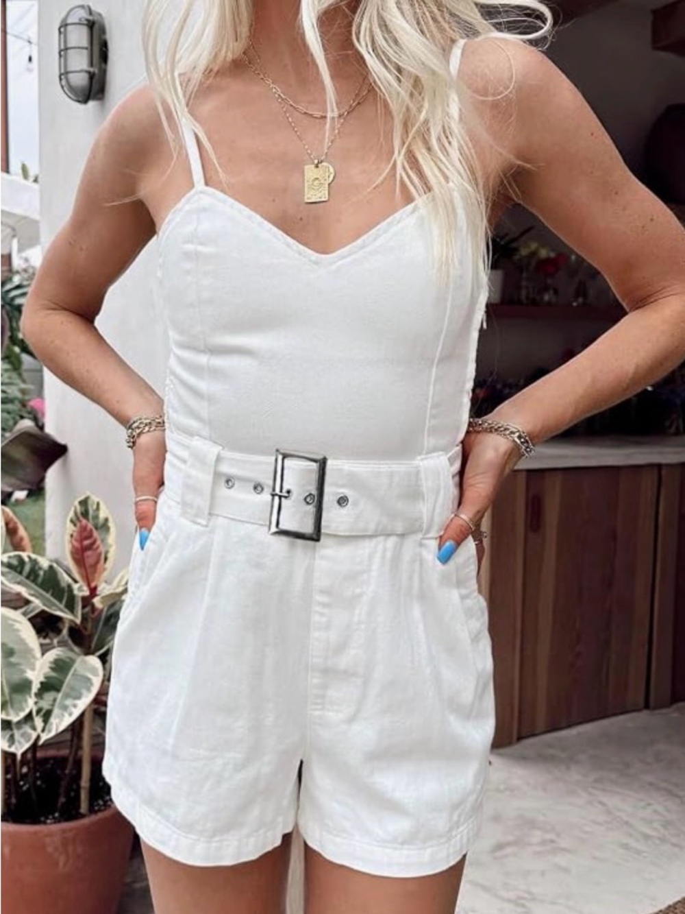 White Belted Jean Romper